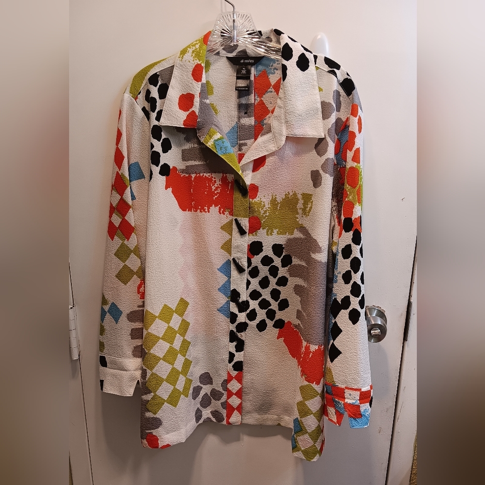 Ali Miles Women's XL Button Up Tunic Top Boho Abstract Art To Wear Geometric
